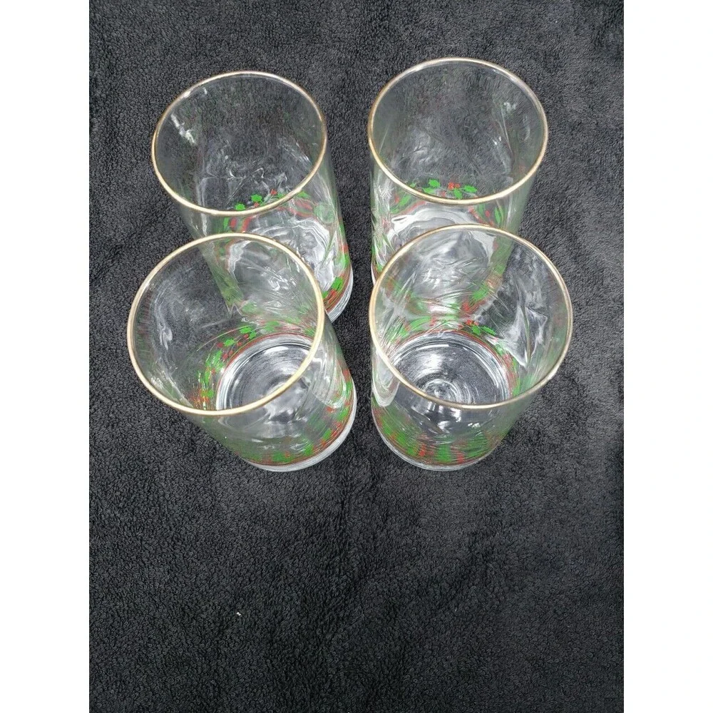 Arby's Holly Berry Tumbler Glasses VTG Christmas 1984 Heavy Weight Base Gold Rim